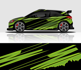 Obraz premium Car wrap decal design vector, for advertising or custom livery WRC style, race rally car vehicle sticker and tinting.
