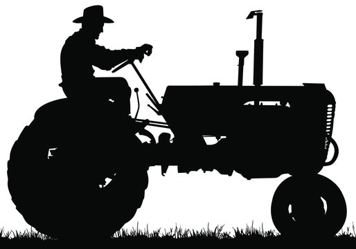 A vector silhouette of an old farmer driving an old tractor.