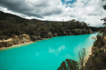 Aerial view of the Little blue lake in Tasmania with turquoise water