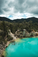 Aerial view of the Little blue lake in Tasmania with turquoise water