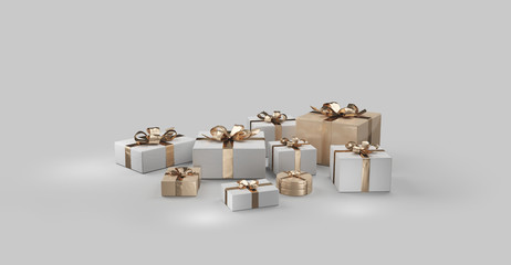 Christmas gifts. white golden presents design 3d-illustration