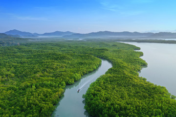 Top View Tropical Island , Aerial view island green forest at Phang Nga Bay.