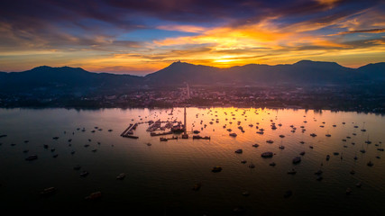 Top View Tropical Island , Aerial view of port at sunset, Landscape with boat.