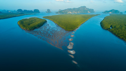Top View Tropical Island , Aerial view island green forest at Phang Nga Bay.