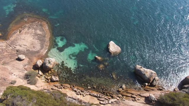 Aerial footage of Lucky bay in Esperance's Cape le Grande national park, camping sites visible on in the background. Australia.