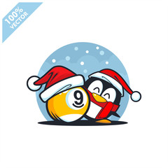 billiard 9 ball santa hat with cartoon christmas penguin logo vector