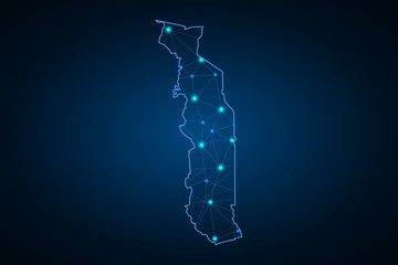 Map of Togo. Wire frame 3D mesh polygonal network line, design sphere, dot and structure. communications map of Togo. Vector Illustration EPS10.