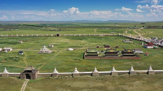 Aerial view of the Kharkhorin Erdene Zuu Monastery in Kharkhorin (Karakorum), Mongolia. Karakorum was the capital of the Mongol Empire between 1235 and 1260, 4k
