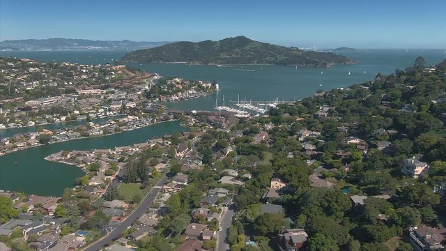 Aerial: Town Of Tiburon in Marin with a view out to Angel Island, San Francisco, USA