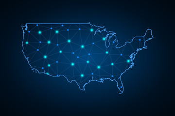 Map of United States. Wire frame 3D mesh polygonal network line, design sphere, dot and structure. communications map of United States. Vector Illustration EPS10.