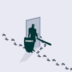 Human footprints bypass the door with security guard - obrazy, fototapety, plakaty