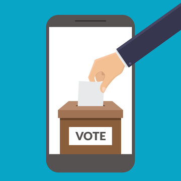 Online vote concept, hand input ballots on smart phone screen flat design vector illustration