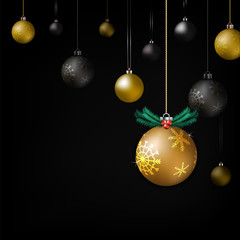 Fototapeta na wymiar festival celebration, merry christmas, happy new year, gold black ball decoration, black background, Isolated vector design