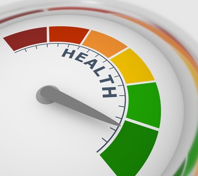 Color scale with arrow from red to green. The health level measuring device icon. Sign tachometer, speedometer, indicators. Colorful infographic gauge element. 3D rendering