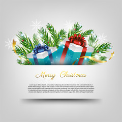 festival celebration, merry christmas, happy new year, gift box, pine leaf, special banner, Isolated object vector design