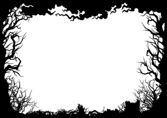 Forest silhouette frame/ Illustration horizontal frame with trees, shrubs, snags - obrazy, fototapety, plakaty
