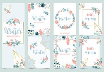 Obraz premium Collection of winter background set with bird,flower,leaves.Editable vector illustration for birthday invitation,postcard and website banner