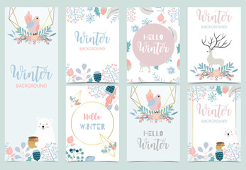 Fototapeta na wymiar Collection of winter background set with reindeer,bird,flower,leaves.Editable vector illustration for birthday invitation,postcard and website banner