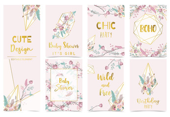Collection of boho cards set with flower,feather.Vector illustration for birthday invitation,postcard and sticker.Editable element
