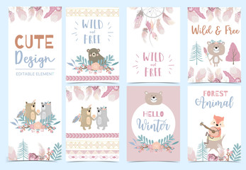 Fototapeta na wymiar Collection of woodland cards set with fox,tiger,flower,wreath.Vector illustration for birthday invitation,postcard and sticker.Editable element