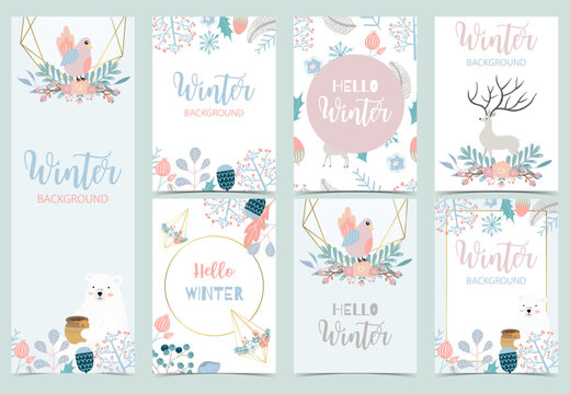 Collection of winter background set with reindeer,bird,flower,leaves.Editable vector illustration for birthday invitation,postcard and website banner
