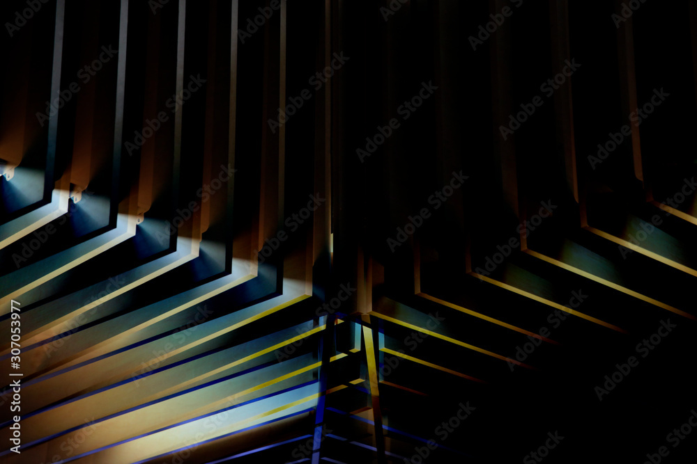 Poster modern architecture or minimal interior fragment with wooden lath structure. angular geometric backg