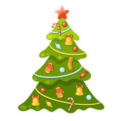 Vector green new year tree with lots of toys - bells, mittens, socks, candies, balls and a star. Bright christmas illustration in a cartoon style. Cute x-mas tree.