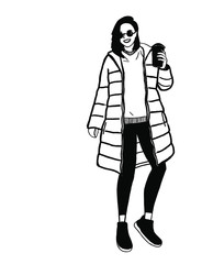 Vector fashion illustration of trendy modern girl with cup of coffee in green winter coat, sweatshirt and legging. Fall winter trendy collection. Flat Graphic
