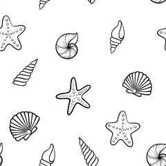 Black and white Seashell seamless pattern. design for holiday greeting card and invitation of seasonal summer holidays, summer beach parties, tourism and travel