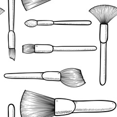 seamless pattern. Black and white Make up brushes for cosmetics on the white background. hand drawn fashion illustration. Beautiful design for sale banner, poster, invitation card