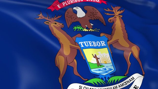 Photo realistic slow motion 4KHD flag of the US State of Michigan waving in the wind.  Seamless loop animation with highly detailed fabric texture in 4K resolution.