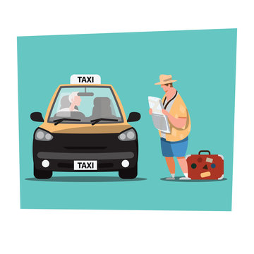 taxi. Passenger is waiting for taxi car. Vector Illustration Background