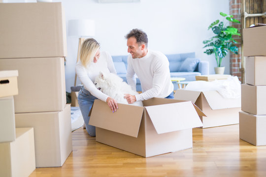 Young beautiful couple with dog sitting on the floor at new home around cardboard boxes