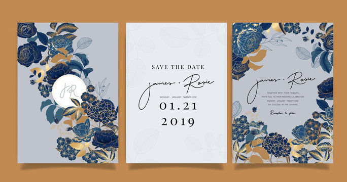 Navy Blue Luxury Wedding Invitation, floral invite thank you, rsvp modern card Design in gold flower with  leaf greenery  branches decorative Vector elegant rustic template