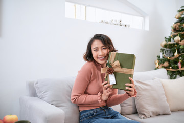 the girl with gifts near the Christmas tree