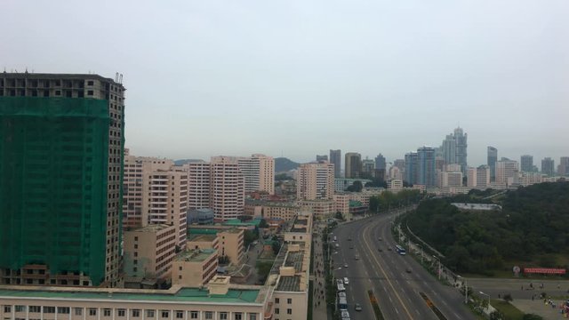 Moranbong Park, Sungri Street and Residential Skyscrapers. Pyongyang Cityscape. North Korea.
