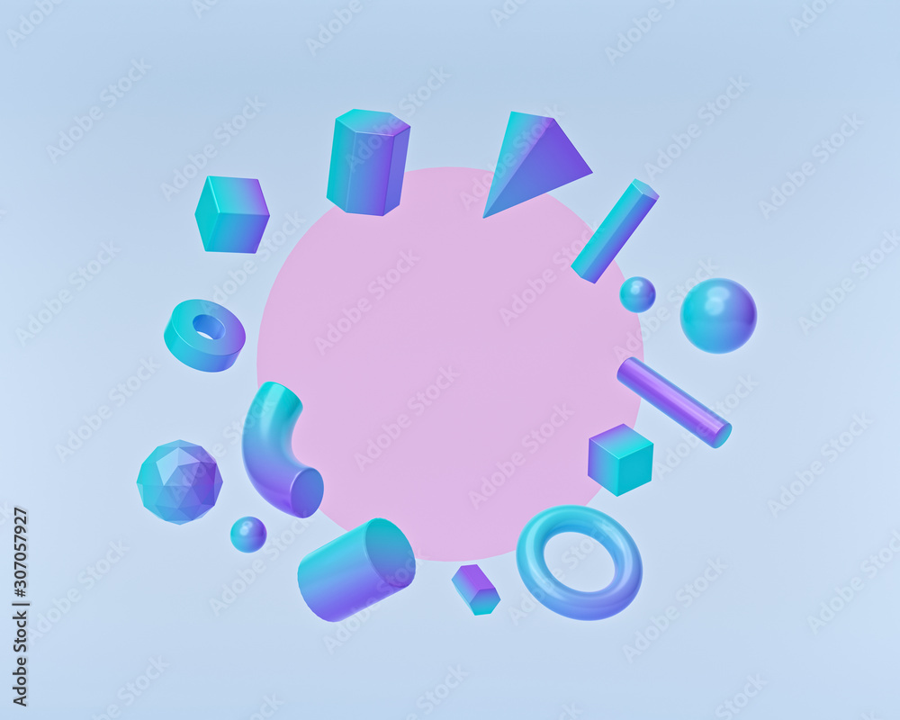 Poster 3d rendering. geometric shapes set floating on pastel background. minimal concept with copy space. m