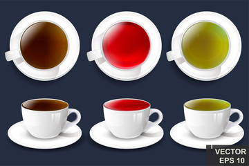 Tea set. Red, green and black. Realistic. mug. For your design.