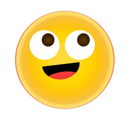 Happy wondering emoji with broad smile and open eyes looking at the sky. Yellow face emoticon with a broad, open smile showing tongue. Expressing of happiness and amusement.