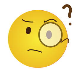 Skeptical arrogant emoji with monocle asking question. Yellow face with furrowed eyebrows wearing a monocle having an intent frown and question mark. Questioning in a snobbish and arrogant way.
