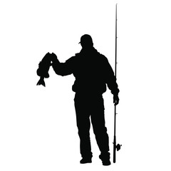 A vector silhouette of a fisherman holding up a bass fish.