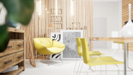 Modern design living room interior in Scandinavian style . 3D rendering