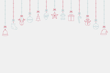 Hanging Christmas elements on background with copyspace. Festive ornament. Vector