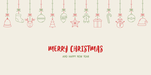 Christmas background with hanging icons and wishes. Xmas ornament. Vector