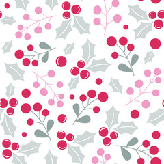 Vector seamless pattern with christmas holly berries; isolated on white; Christmas design for greeting card, gift box, wallpaper, wrapping paper, fabric, web design.