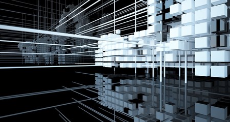 Abstract black  interior from array white and green cubes  with window. 3D illustration and rendering.