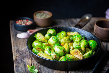 Homemade Roasted Brussel Sprouts with olive oil, salt, lemon and pepper