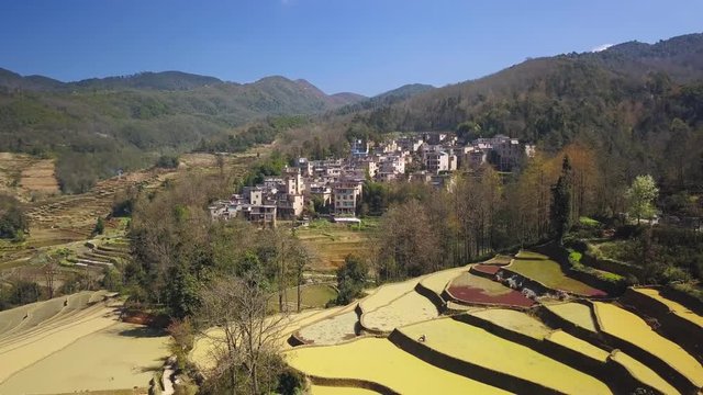 Aerial view, Drone fly above Yuanyang rice terrace, Yunnan, China