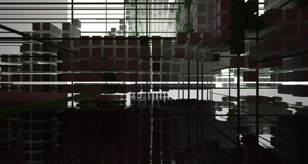 Abstract brown  interior from array white and green cubes  with window. 3D illustration and rendering.