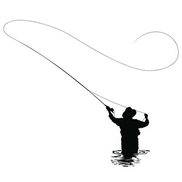 A vector silhouette of a man fly fishing in a river.